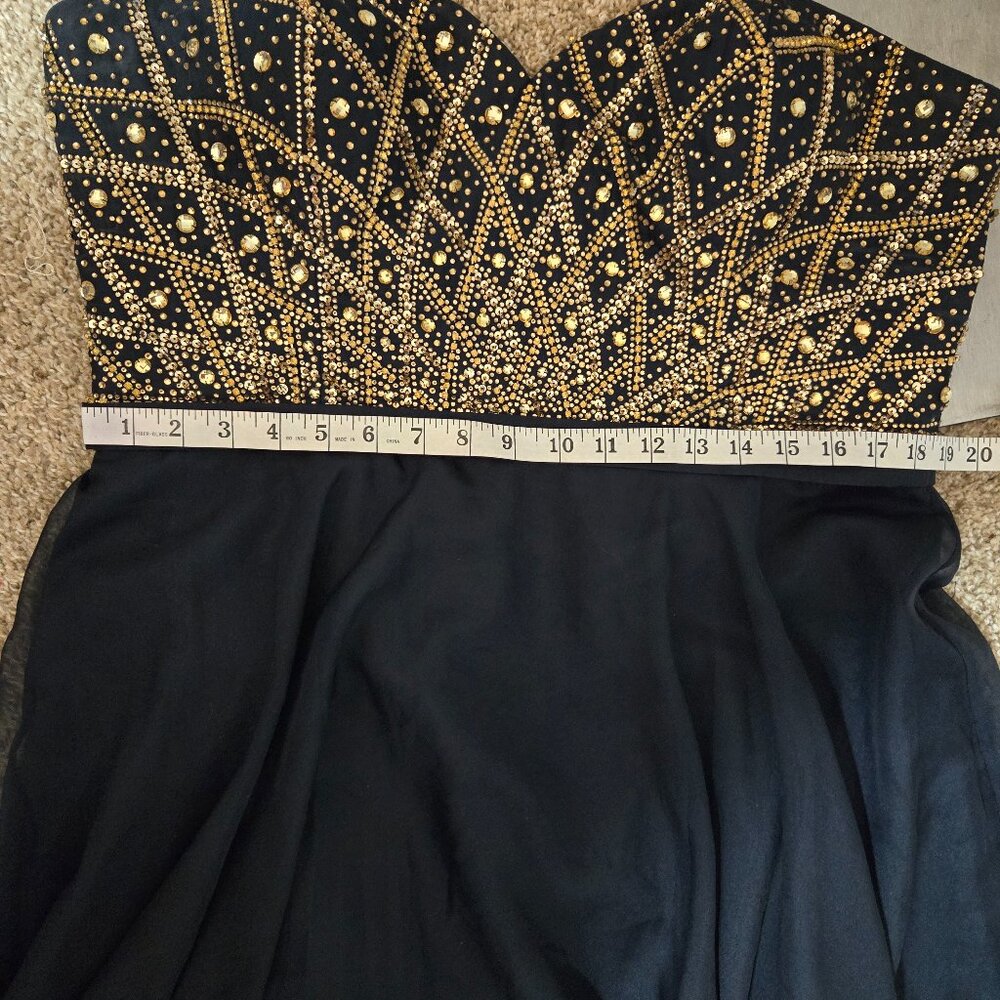 Sz 18 Alyce Paris 6573 Navy Chiffon Strapless Sweetheart Gown Gold Citrine Stone - Picture 10 of 12